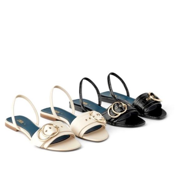 ZARA BLUE COLLECTION 100% LEATHER IVORY GOLD TONE BUCKLE SLIDES SANDALS - Picture 3 of 7